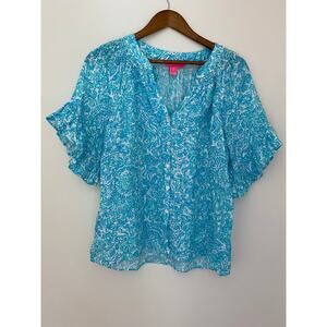 Lilly Pulitzer Tayla Resort White Took Me By Sunrise Linen Top Blue Ruffle EUC M
